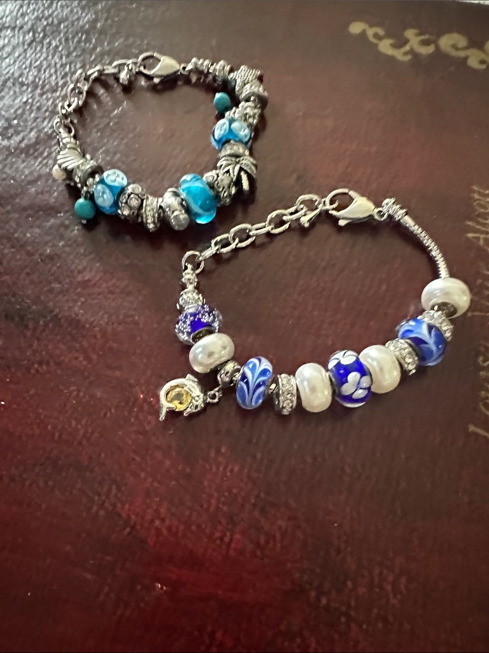 Blue & White Glass Bead Charm Bracelet - Women Jewelry
